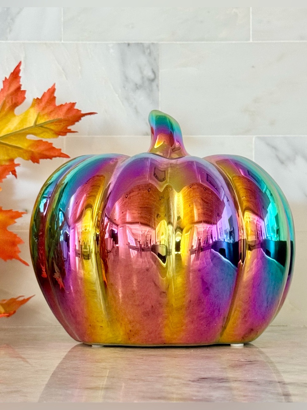 New Halloween Jack-o'-Lantern Light Up Iridescent Ceramic Pumpkin Decor - 7” - Picture 7 of 8